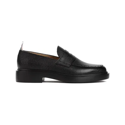 THOM BROWNE BLACK LEATHER PENNY LOAFERS FOR WOMEN