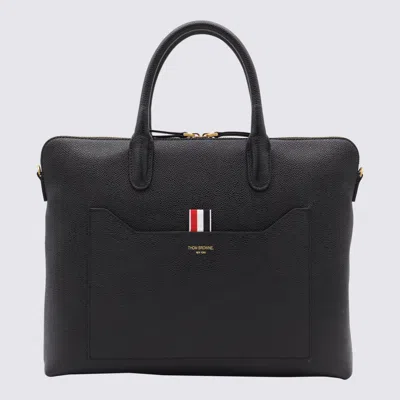 Thom Browne Black Leather Top Handle Bag In Gray