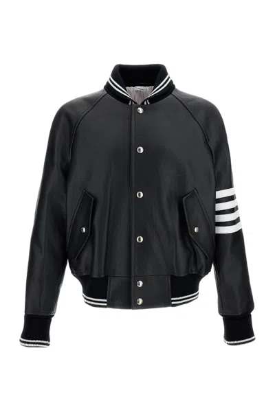 Thom Browne Oversized Striped Leather Bomber Jacket In Black