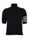 Thom Browne Black Short Sleeve Sweater With 4-bar Detail In Wool Woman