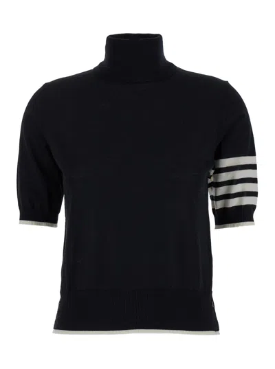 Thom Browne Black Short Sleeve Sweater With 4-bar Detail In Wool Woman
