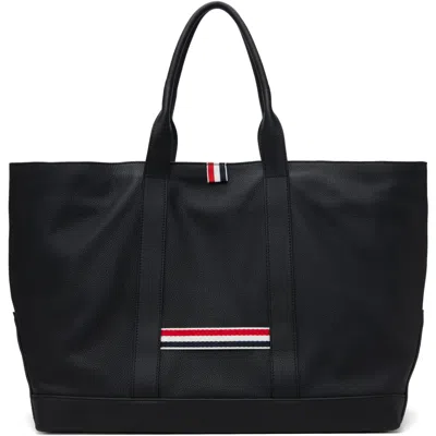 Thom Browne Black Soft Pebble Grain Leather Medium Tool Tote In 001 Black