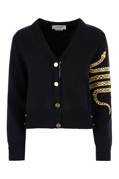 THOM BROWNE BLACK WOOL BLEND CARDIGAN