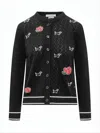 Thom Browne Black Wool Knit Cardigan With Openwork Pattern And Playful Embroidery In Black
