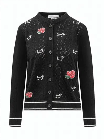 Thom Browne Black Wool Knit Cardigan With Openwork Pattern And Playful Embroidery