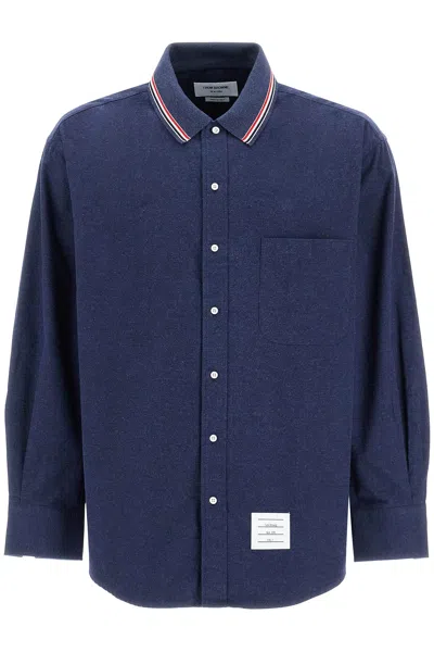 Thom Browne Blue Shirt With Classic Collar And Striped Rwb Detail In Cotton Man