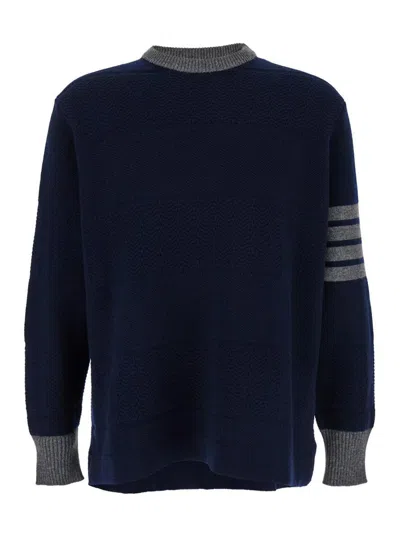 Thom Browne Blue And Grey Knit Pullover With 4 Bar Detail In Virgin Wool Woman