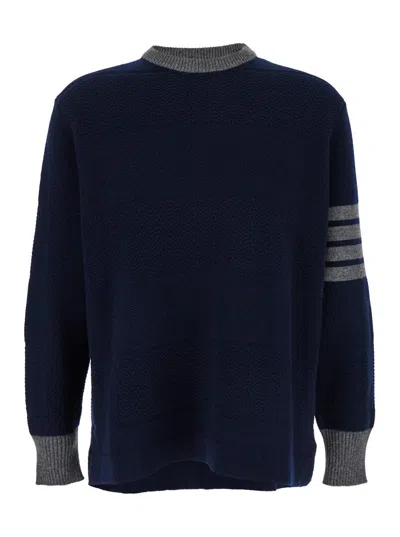 Thom Browne Blue And Grey Knit Pullover With 4 Bar Detail In Virgin Wool Woman In Multicolor
