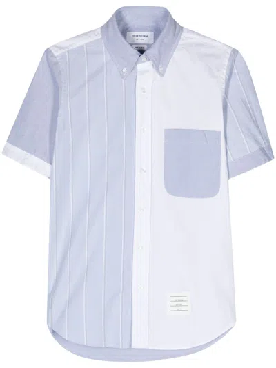Thom Browne Blue And White Half-striped Short-sleeved Cotton Shirt
