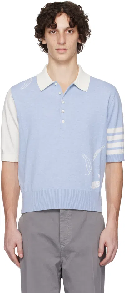 THOM BROWNE BLUE & OFF-WHITE FUNMIX FEATHER INTARSIA 4-BAR POLO