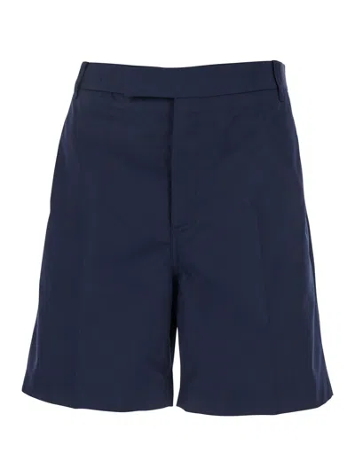 THOM BROWNE BLUE BERMUDA PANTS WITH LOGO PATCH ON THE REAR AND BELT LOOPS IN COTTON BLEND MAN