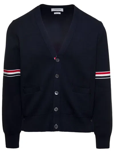 Thom Browne Blue Cardigan With Stripe Detail In Cotton Man