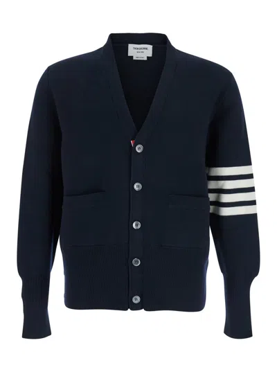 Thom Browne Blue Cardigan With V Neck And Striped Detail On The Sleeve In Wool Man