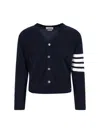 Thom Browne Ribbed Hem Knitwear With V-neckline And Striped Sleeves In Blue