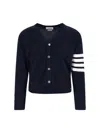 Thom Browne Ribbed Hem Knitwear With V-neckline And Striped Sleeves In Blue