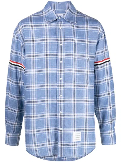 THOM BROWNE BLUE CHECKED LINEN SHIRT