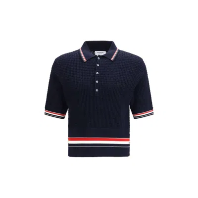 Thom Browne Woven Cotton Polo Shirt In Blue