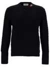 THOM BROWNE THOM BROWNE BLUE CREWNECK CABLE KNIT SWEATER WITH RWB STRIPE DETAIL IN WOOL