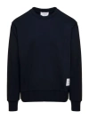 THOM BROWNE BLUE CREWNECK SWEATER WITH LOGO PATCH AND RWB DETAIL IN COTTON
