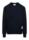 THOM BROWNE BLUE CREWNECK SWEATER WITH LOGO PATCH AND RWB DETAIL IN COTTON MAN