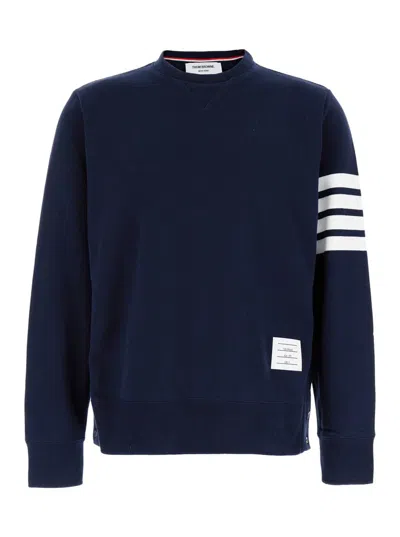Thom Browne Blue Crewneck Sweatshirt With 4-bar Detail In Cotton Man
