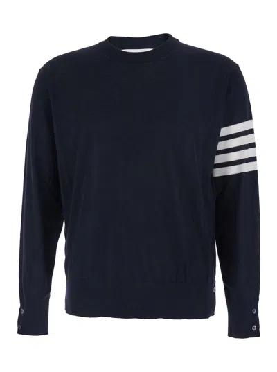 Thom Browne Blue Crewneck Swwater With 4-bar On The Sleeve And Ribbed Trims In Wool Man