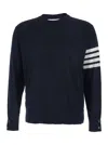 Thom Browne Blue Crewneck Swwater With 4-bar On The Sleeve And Ribbed Trims In Wool Man In Black