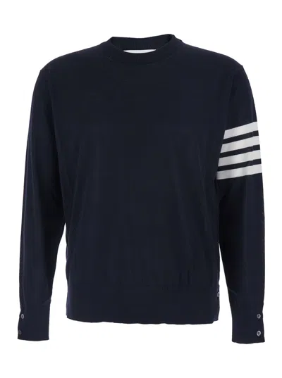 Thom Browne Blue Crewneck Swwater With 4-bar On The Sleeve And Ribbed Trims In Wool Man In Black