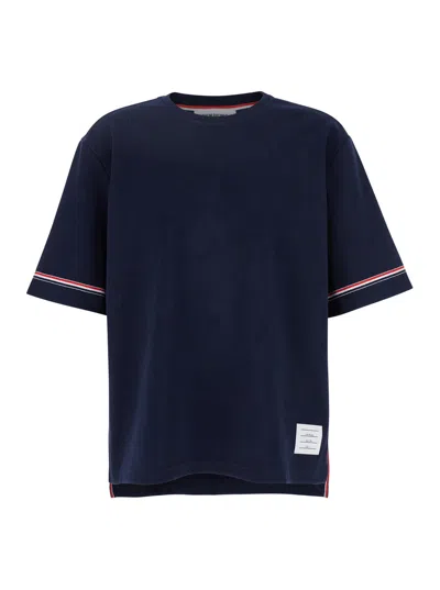 Thom Browne Blue Crewneck T-shirt With Rwb Detail On Neck And Sleeve In Cotton Man In Navy