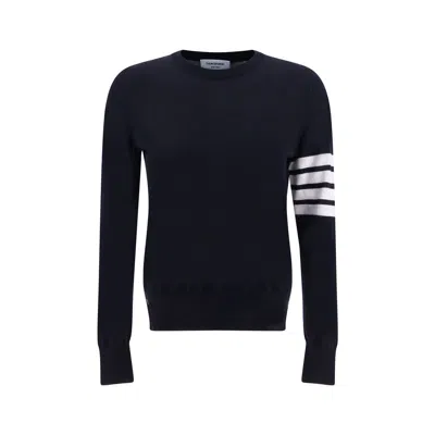 Thom Browne Crewneck Wool Sweater With Signature Stripes In Blue