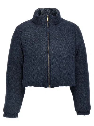 THOM BROWNE WOMEN BLUE HERRINGBONE REVERSIBLE DOWN JACKET, S LUXURY JACKETS FOR WOMEN DARVEYS