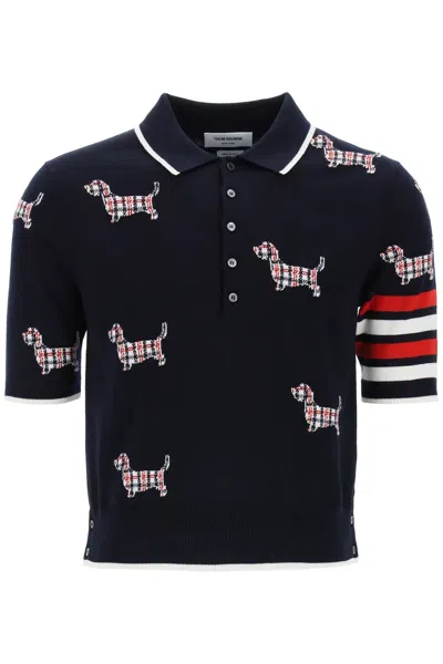 THOM BROWNE BLUE JACQUARD HECTOR PATTERN KNIT POLO SHIRT FOR MEN