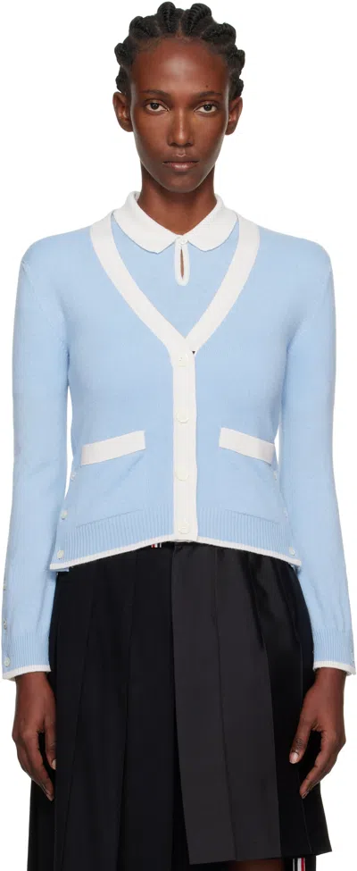 Thom Browne Blue Jersey Stitch Cashmere V-neck Cardigan