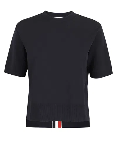 Thom Browne Blue Knit T-shirt With Ribbed Neckline, Cuffs, And Asymmetric Hem