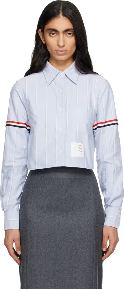 THOM BROWNE BLUE OXFORD ARMBAND CROPPED ROUND COLLAR SHIRT