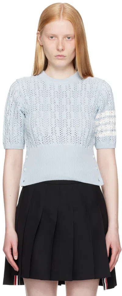 THOM BROWNE BLUE POINTELLE CABLE STITCH 4-BAR SWEATER