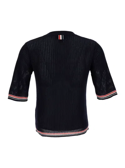 THOM BROWNE BLUE POINTELLE KNIT TOP WITH RWB STRIPE IN COTTON BLEND WOMAN
