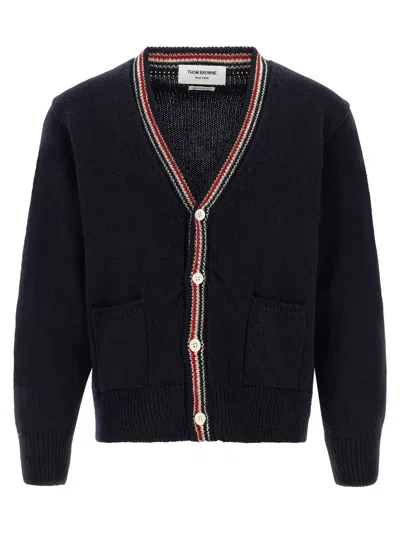 Thom Browne Blue Stripes V-neck Cardigan In Black