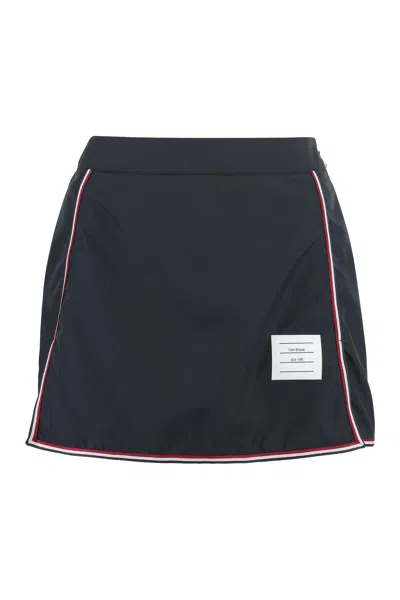 THOM BROWNE BLUE TECHNICAL FABRIC MINI-SKIRT WITH CONTRASTING EDGES AND FRONT SLIT FOR WOMEN