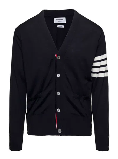 THOM BROWNE BLUE V-NECK CARDIGAN WITH STRIPE DETAIL IN WOOL MAN