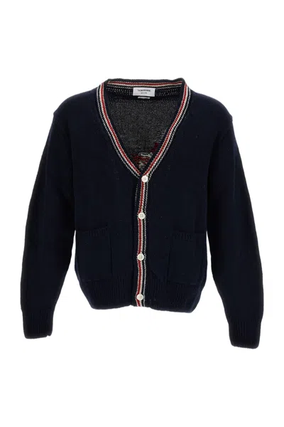 Thom Browne Blue Wool Donegal Hector Patchwork Cardigan In Black