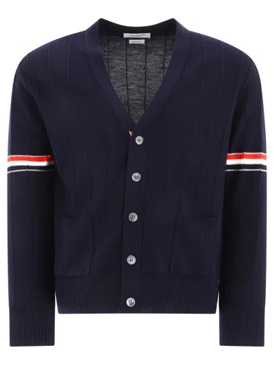 Thom Browne Blue Wool V-neck Cardigan With Rwb Details For Men