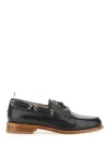 Thom Browne Polished Black Leather Loafers With Moc Toe Design And Lace Detail In Black