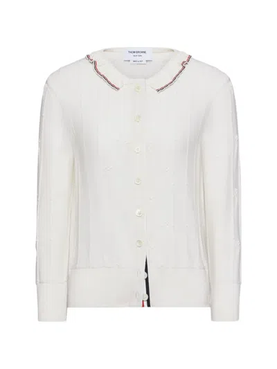Thom Browne Bobble Stitch Lace-trim Cardigan In White