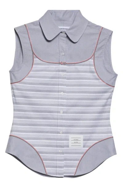 Thom Browne Bodysuit Effect Sleeveless Oxford Shirt In Gray