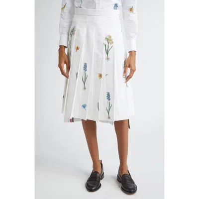 Thom Browne Botanical Embroidered Pleated Cotton & Linen Midi Skirt In White