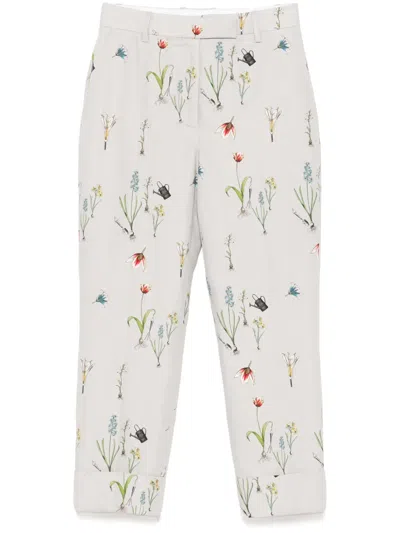 Thom Browne Botanical-flower-printed High-waisted Trousers In Grey