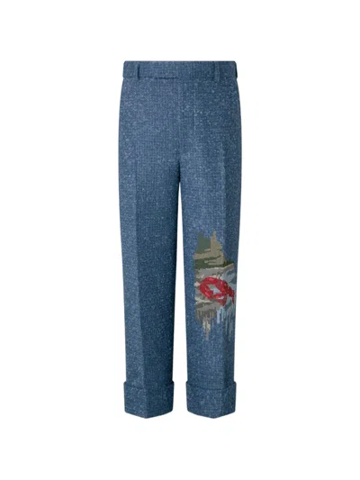 Thom Browne 부클레 트위드 자수 팬츠 In Blue