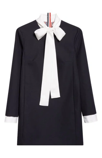 Thom Browne Bow Neck Long Sleeve Virign Wool Dress In Blue