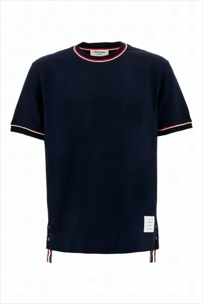 Thom Browne Boxy-fit Cotton T-shirt With Contrasting Trim And Button Details In Blue